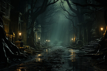 Leinwandbilder - A creepy forest with twisted trees and glowing eyes peering from the shadows.  Generative AI technology.