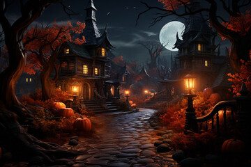 Poster - A haunted house with glowing pumpkins lining the pathway.  Generative AI technology.