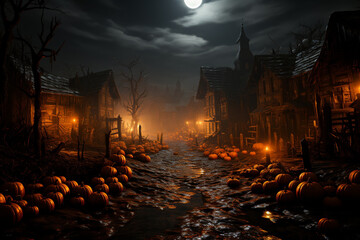 Poster - A haunted pumpkin patch with eerie fog and glowing pumpkins. Generative AI technology.