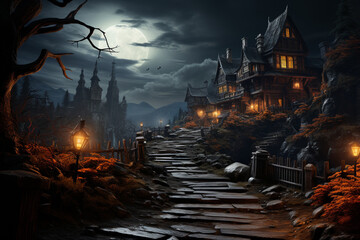 Poster - A haunted house on a hill with a winding path leading up to it. Generative AI technology.