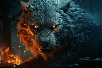 Poster - A sinister-looking werewolf with glowing eyes under the light of a full moon.  Generative AI technology.