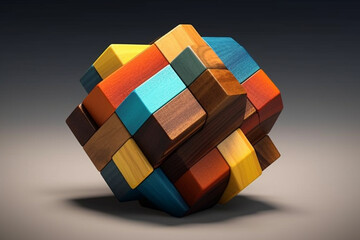 Leinwandbilder -  An abstract geometric sculpture crafted from reclaimed wood, showcasing the natural beauty of the material and the juxtaposition of geometric forms. Generative AI technology.