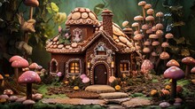 Cute Fairytale Ginger Bread Cottage In Woods, Generative Ai