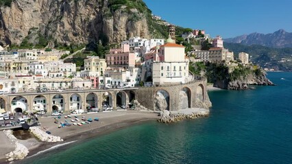 Wall Mural - Aerial view of Atrani famous coastal village located on Amalfi Coast, Italy. Small town Atrani on Amalfi Coast in province of Salerno, Campania region, Italy. Atrani town on Amalfi coast, Italy.