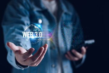 Wall Mural - web 3.0 concept. businessman hand show web 3.0 with globe. ai technology global network, future tech