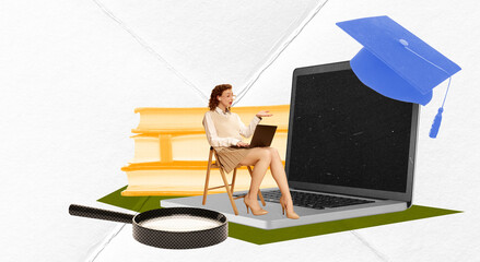 Contemporary art collage. Young woman, student sitting on chair and passing exam via laptop. Online lessons. Concept of online education, modern technologies, freelance job, innovations, ad