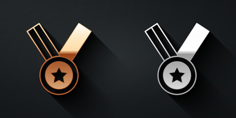 Gold and silver Medal icon isolated on black background. Winner achievement sign. Award medal. Long shadow style. Vector