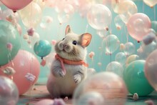 Cute Funny Small Baby Mouse Celebrating A Birthday Party. Abstract Creative Scene With Animal And Pastel Balloons Around. Illustration, Generative AI.