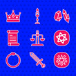 © Vadim - Set Libra zodiac, Medieval sword, Pentagram in circle, Tarot cards, Ouroboros, Decree, parchment, scroll, Magic stone and King crown icon. Vector