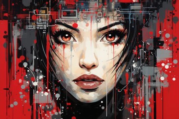 Wall Mural - A painting of a woman with red eyes. Generative AI.