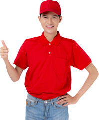 Poster - Young asian man in uniform red and cap standing thumbs up with confident, employee or dealer, courier and delivery, deliveryman and expression, logistic and cargo.