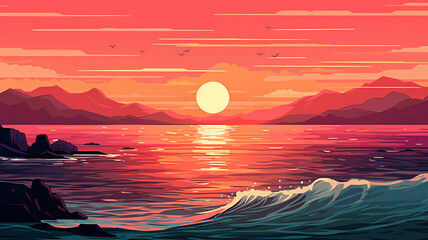 Hand-painted cartoon beautiful illustration of the sea scenery under the sunset