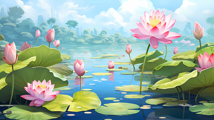 hand drawn cartoon illustration of lotus in water
