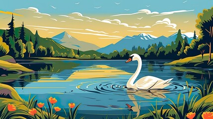 Wall Mural - abstract background lake with swans. enchanting banner design featuring a beautiful illustration of 