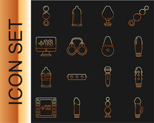 Wall Mural - Set line Dildo vibrator, Anal plug, Sexy fluffy handcuffs, Monitor with 18 plus content, beads and icon. Vector