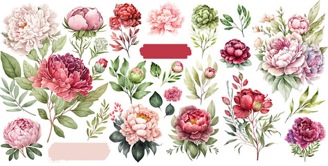 set of peonies flower soft pink and red color watercolor, spring collection of hand drawn flowers , 