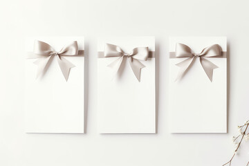 Three blank white letterhead cards with copy space with silk gift ribbon bows isolated on a light pastel background. Invitation and certificate template, top view.