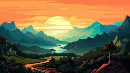 Wall Mural - abstract background dawn in the mountains. a captivating banner with an enchanting illustration of t