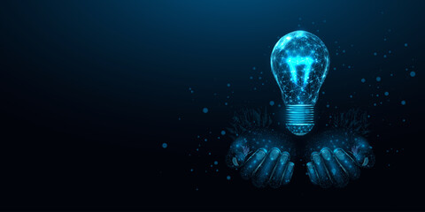 two human hands hold lightbulb. wireframe glowing low poly style. design on blue background. abstrac