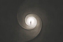 Illustration Of Man Getting Out Of A Dark Spiral, Surreal Abstract Way Out Concept
