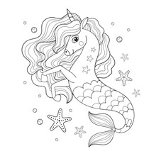 Seahorse Unicorn. Black And White Linear Drawing. Vector