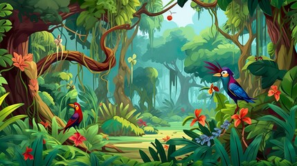Wall Mural - abstract background evergreen forest. illustration of an evergreen forest with tropical birds for a 