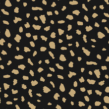 Abstract Animal Skin Vector Seamless Pattern. Simple Black And Gold Texture With Irregular Brush Spots, Dots, Strokes. Cute Golden Background. Wild Leopard Print. Minimal Luxury Repeat Geo Design