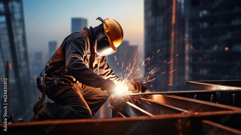 Builder welder in a safety helmet welding a steel structure at a ...