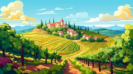Wall Mural - Abstract background vineyard. Enticing banner design showcasing the beauty of a vineyard and small village with a nature-inspired background. Generative AI.