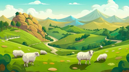 Wall Mural - Abstract background hills and valleys. Designing of a mesmerizing banner capturing the essence of nature, showcasing valleys filled with sheep. Generative AI.