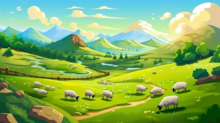 Wall Mural - Abstract background hills and valleys. Illustration of the beauty of nature with a banner showcasing rolling hills and adorable sheep. Generative AI.