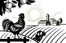Landscape With Rooster And Tractor. Village.