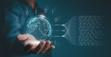 AI technology to help manage big data. Data flow to train Artificial Intelligence for Business benefit. Data flow, collecting, analyzing, and visualizing information. Futuristic innovation analyst.