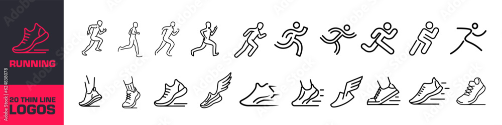 Running icon set. Run symbol set. Linear style.