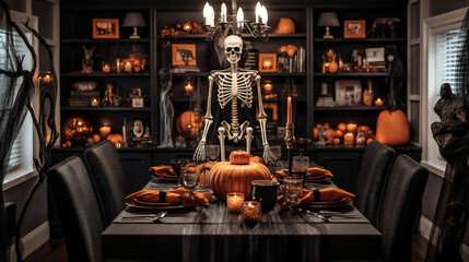 Dining room is decorated in Halloween style. Generative AI