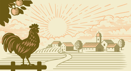 Wall Mural - Landscape with rooster and village.