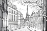 Fototapeta Paryż - Streets of Paris. View of the Eiffel Tower. A black and white illustration.