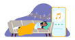 © VectorBum - Girl lying on couch listening to relaxing music for sleep. Smartphone application. Woman with headphones dreaming on sofa. Mobile player. Musical notes. Home relaxation. Vector concept