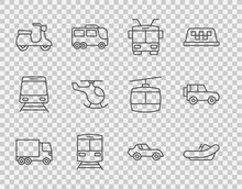 Set Line Delivery Cargo Truck, Rafting Boat, Trolleybus, Train And Railway, Scooter, Helicopter, Car And Off Road Icon. Vector