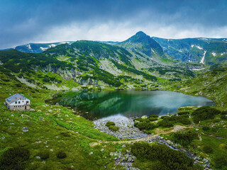 Wall Mural - aerial panoramic view of seven rila lakes and waterfalls in nature of mountain range, hiking, trekki