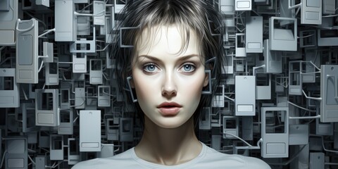 Sticker - A woman with short hair standing in front of a wall of electronic equipment. Generative AI.