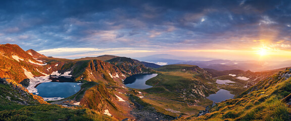 Wall Mural - seven rila lakes aerial panoramic view and waterfalls in nature of mountain range, hiking, trekking 