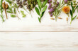 © SnowElf - Top view of healing herbs and flowers with leaves lying on white wooden boardwalk vintage surface with copy space. Banner template picture frame herbal healing and natural medicine.