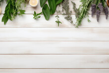 Overhead View Of Healing Herbs And Flowers With Leaves Lying On White Wooden Boardwalk Vintage Surface With Copy Space. Banner Template Picture Frame Herbal Healing And Natural Medicine.