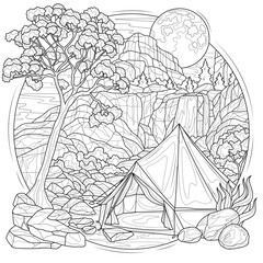 Wall Mural - Camping at the waterfall.Coloring book antistress for children and adults. Illustration isolated on white background.Zen-tangle style. Hand draw