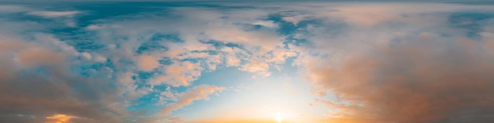 Wall Mural - Sunset sky panorama with bright glowing pink Cumulus clouds. HDR 360 seamless spherical panorama. Full zenith or sky dome in 3D, sky replacement for aerial drone panoramas. Climate and weather change.