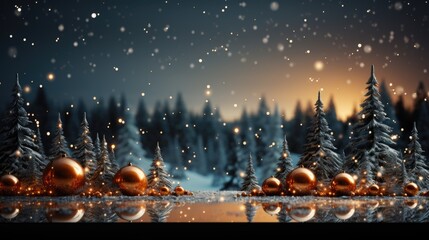 A snowy scene with christmas ornaments and trees. Generative AI.