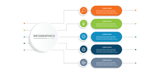 Modern infographic template. Creative circle element design with marketing icons. Business concept with 5 options, steps, sections.
