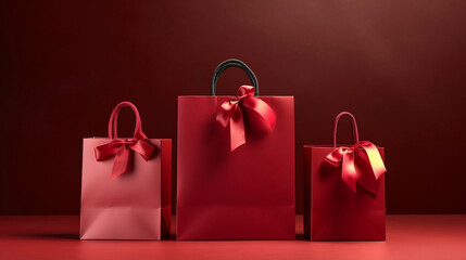 Three red paper shopping bags with bow ribbon in different size, romantic gift, shopping a present, clearance sale, holidays promotion, discount, surprise offer advertising. Generative AI