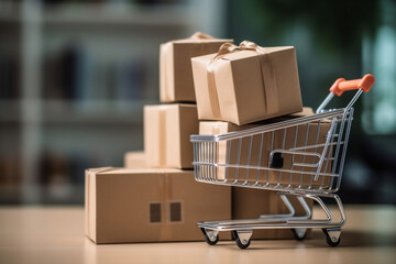 Wall Mural - Tiny shopping cart and parcels on the table at home, delivery service, e-commerce, online shopping and marketplace concept. Generative AI